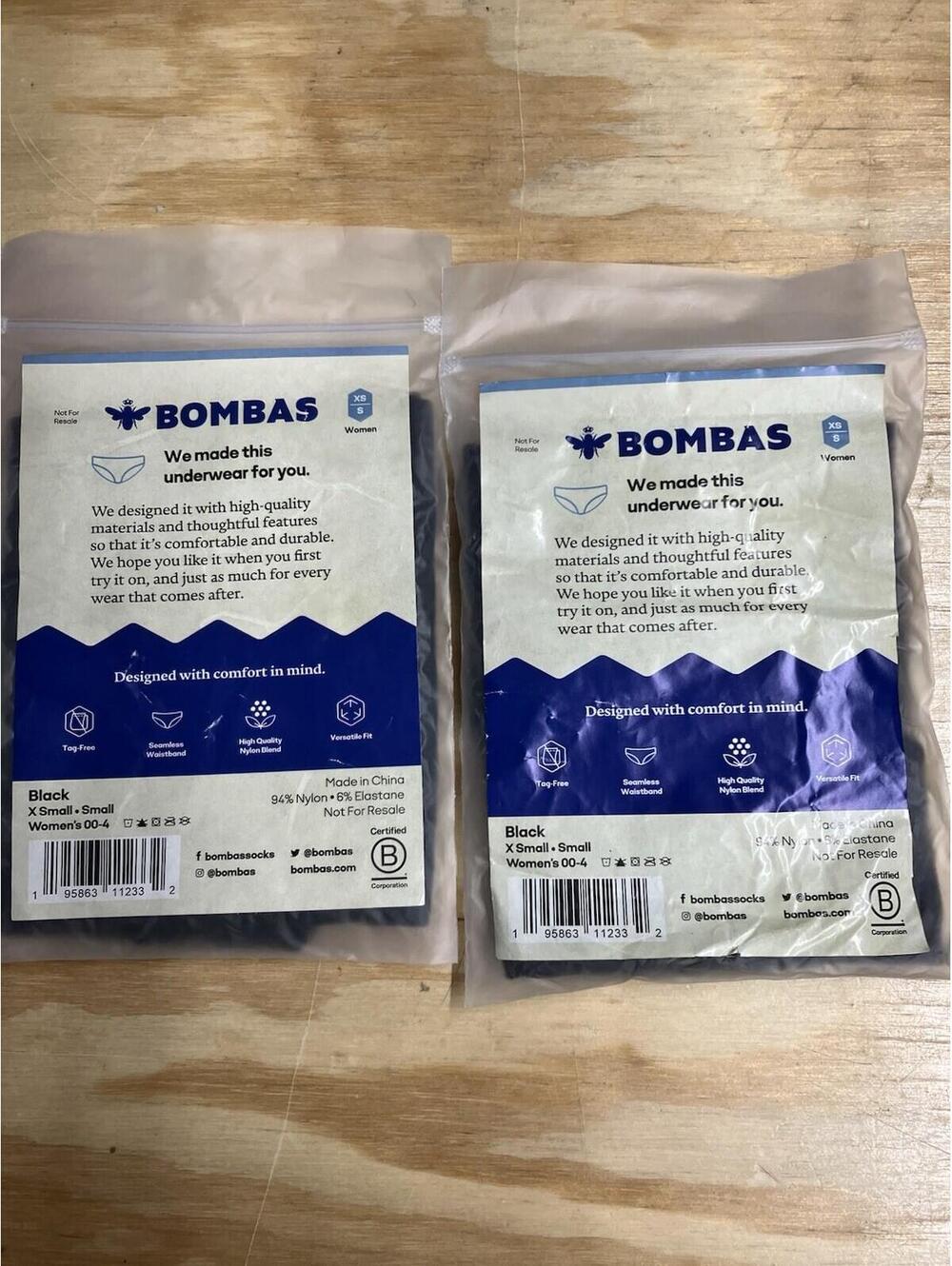 Bombas Women's black Seamless Hipster Underwear Size XS/S New 2 Pack (last One)
